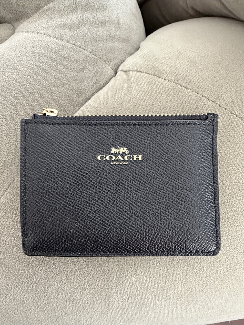 Coach Black Saffiano Leather Zip Card Case with Gold Logo